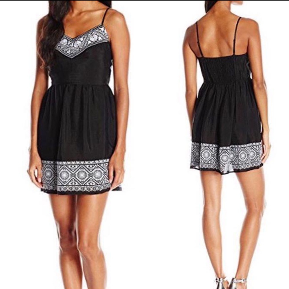 Three Pink Hearts spaghetti strap black dress with white embroidery-size XL